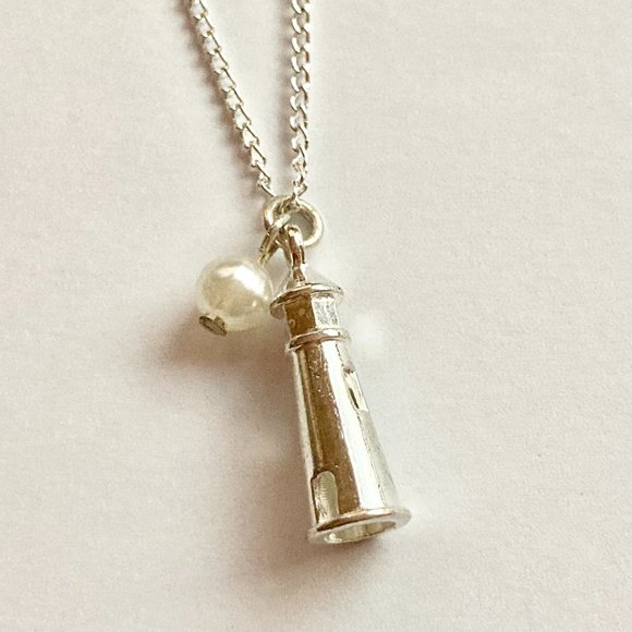 Nautical Pearl Lighthouse Charm Necklace Silver Plated Pendant 22" Chain - Picture 3 of 8